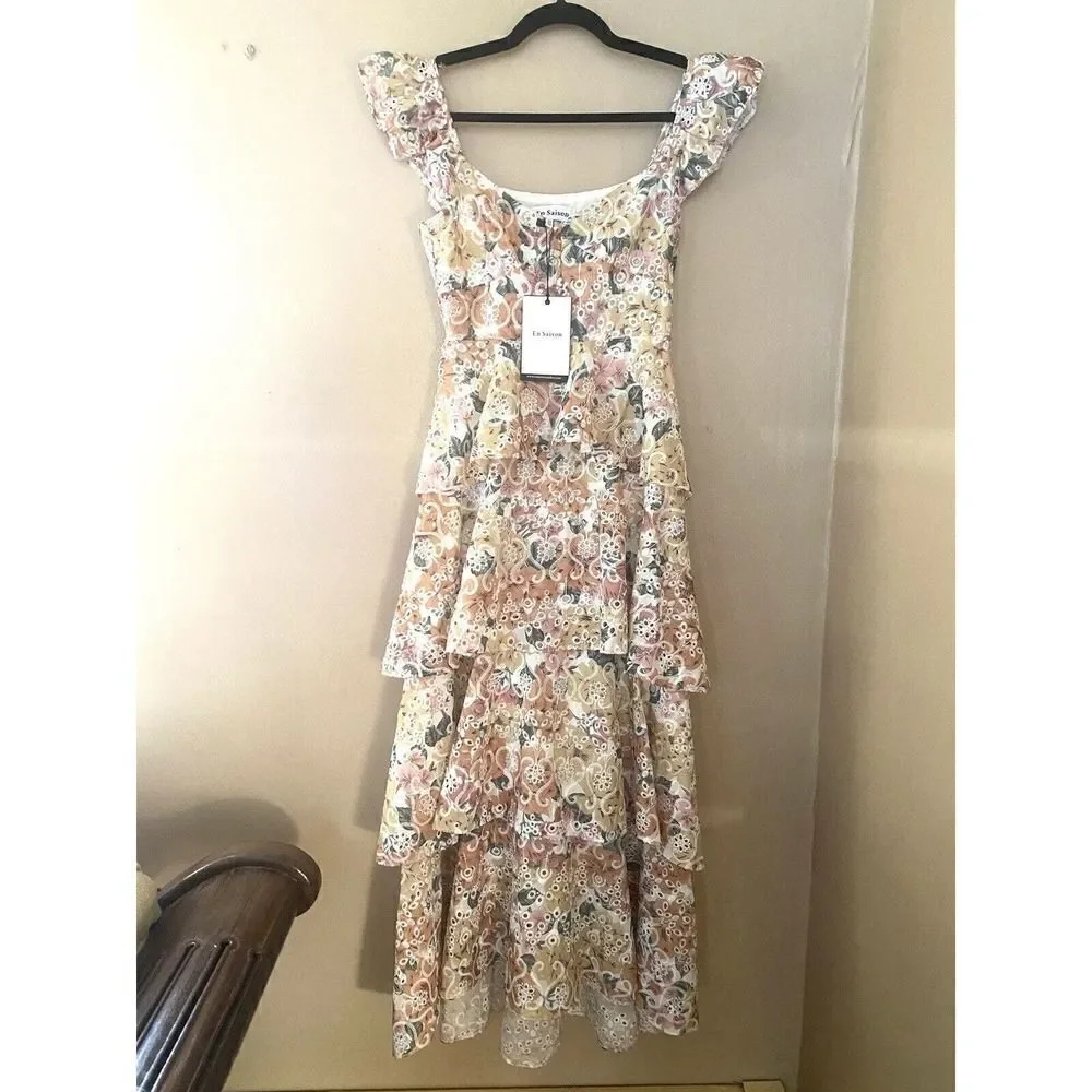 En Saison Presley Embroidered Tiered Floral Midi Dress Size L Summer NWT Revolve